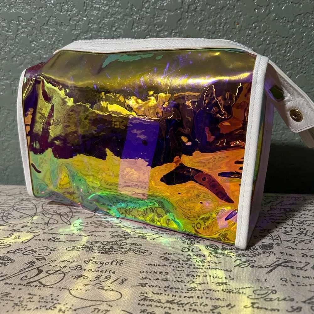 Iridescent Holographic Cosmetic Bag - White Trim